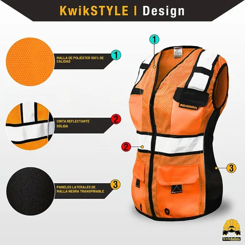 Vista 3 de KwikSafety (Charlotte, NC) RoadBOSS Econ & Chaleco de seguridad premium para mujer Naranja