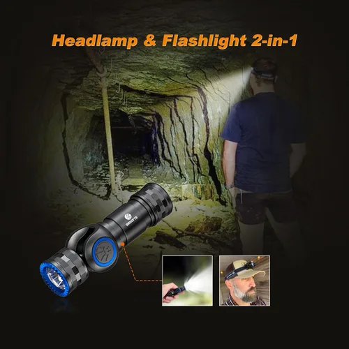 Vista 4 de Brinyte HL16 Linterna frontal LED recargable, linterna EDC ajustable de 0-90°, faro de 520 lúmenes con base magnética y carga, luz impermeable IP66