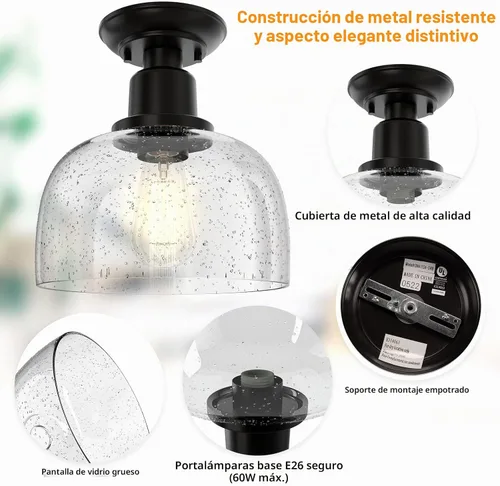 Vista 4 de EAPUDUN Lámpara de Techo Semiempotrada, Luminaria Moderna con Pantalla de Vidrio con Burbujas Texturizadas, Acabado en Bronce Frotado con Aceite