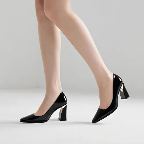 Vista 2 de Tacones altos para mujer, zapatos de vestir de tacón grueso con puntera cuadrada cerrada de patente, tacones elegantes, zapatos de vestir diarios