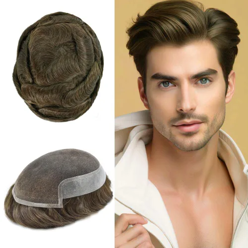 Vista 37 de Mens Toupee Remy Human Hair System For Men Bleached Knot Toupee Hair Piece For Men French Lace Toupee For Men Hairpiece 8X10#17 Dark Ash Blonde 90%