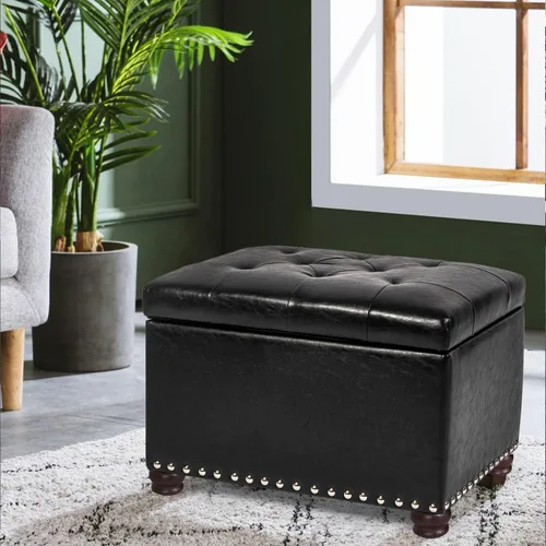 Vista 2 de Otomana de cuero con almacenamiento, 24 pulgadas, reposapiés otomanos con tapa con bisagras, taburetes tapizados rectangulares, con cabeza de clavo