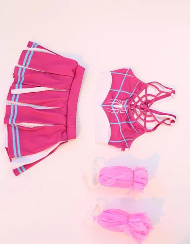 Vista 6 de Miccostumes Disfraz de animadora rosa para mujer, camiseta corta y falda con pompones