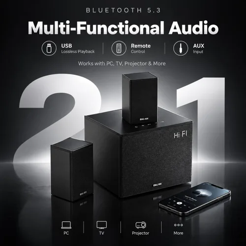Vista 2 de Altavoces de computadora 2.1 con subwoofer, altavoces de PC para escritorio con graves profundos, sistema de sonido óptico Bluetooth USB