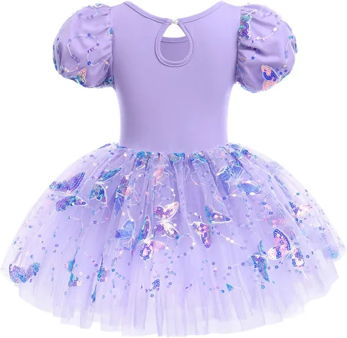 Vista 2 de Leotardos de ballet para niñas, 4 colores, mariposa, lentejuelas brillantes, vestido tutú de baile, manga abombada, ojo de cerradura en la espalda