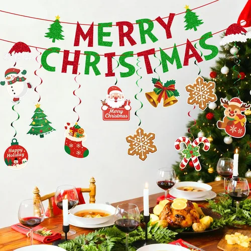 Vista 6 de jijAcraft 38 carteles de decoración navideña de Feliz Navidad, remolino colgante premontado, decoraciones de Navidad para interiores, decoración
