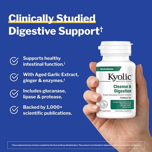 Vista 2 de Kyolic, Aged Garlic Extract, Formula de limpieza de candida y digestión, Fórmula 102, 200 cápsulas vegetarianas, 10231, 1, 1