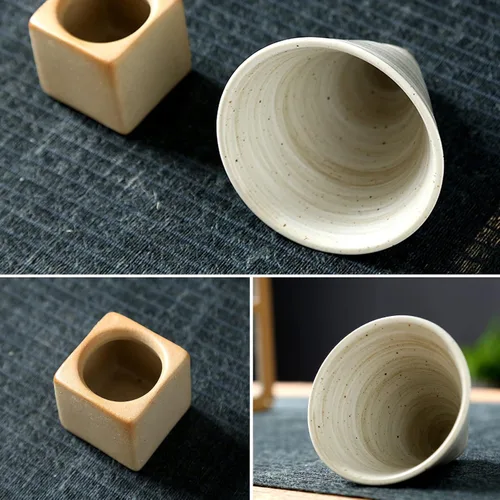 Vista 5 de 2 tazas de café de cerámica gruesa con base de 6.8 fl oz, taza de porcelana con forma de cono triangular creativa, estilo retro, embudo de gres