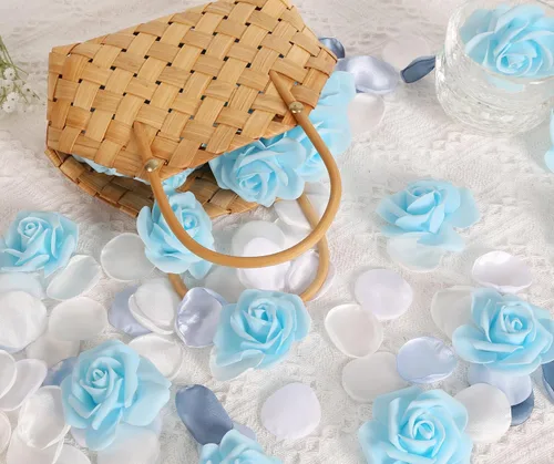 Vista 3 de 100 PCS Rosas de Espuma Azul Bebé Flores Artificiales Flores de Espuma Azul a Granel Sin Tallo Rosas Falsas para Bricolaje Centros de Mesa de Boda