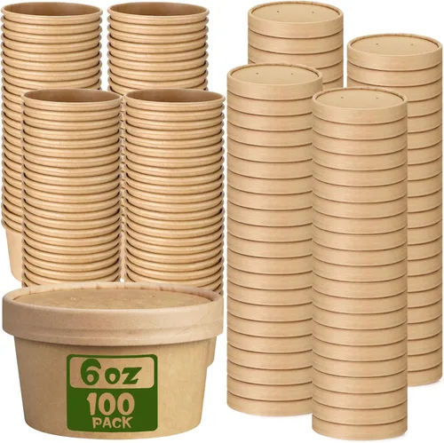 Vista 28 de Fulmoon Paquete de 100 recipientes de papel para sopa con tapas, recipientes de papel desechables para alimentos con tapa ventilada, tazas de postre