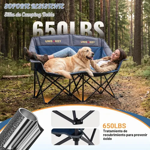 Vista 5 de Unisakey Silla de campamento doble, sofá biplaza acolchado de gran tamaño, silla plegable resistente de 650 libras con portavasos y bolsa de Azul