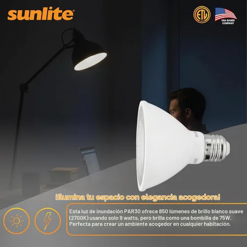 Vista 5 de Sunlite 40979-SU - Bombilla LED PAR30 de cuello corto, 9 vatios, (equivalente a 75 W), 750 lúmenes, base de tornillo medio (E26), regulable Blanco