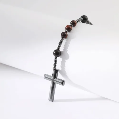 Vista 3 de Yumikoo Collar de cuentas de rosario de crucifijo de Jesús para hombres y mujeres, collar de cruz de hematita y ágata negra mate