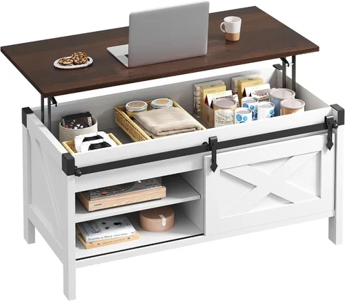 Vista 7 de WLIVE Mesa de Centro con Tapa Elevable, Mesa de Centro Estilo Granja de 39.4 pulgadas con Gran Compartimento de Almacenamiento Oculto, Puertas