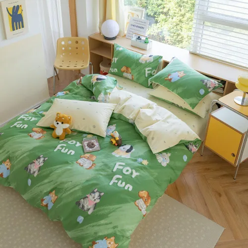 Vista 2 de LIWHENHAO Juego de funda de edredón para perro, tamaño individual, 100% algodón, ropa de cama de dibujos animados de cachorros husky en verde, 1