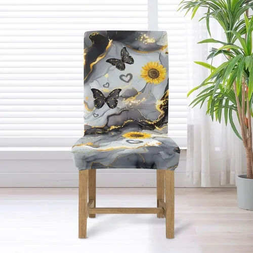 Vista 5 de HUGS IDEA Butterfly Marble Texture Dining Chair Covers Set of 4 Stretch Kitchen Chair Covers Washable Dining Chairs Slipcovers Cubre Sillas