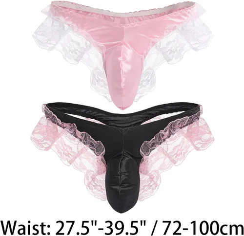Vista 4 de Ropa interior de encaje floral sexy para hombre, bolsa de satén brillante para travestido, tanga tanga, bragas de sirvienta, cosplay, lencería breve