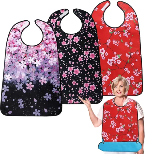 Vista 8 de Baberos para adultos para mujer, 1 paquete de babero impermeable para mujeres mayores con receptor de migas opcional, baberos para adultos mayores