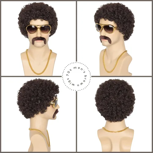 Vista 3 de Miss U Hair - Peluca afro corta y rizada para hombre, peluca de fiesta de los años 70, peluca de discoteca de Halloween con collar, lentes y bigote