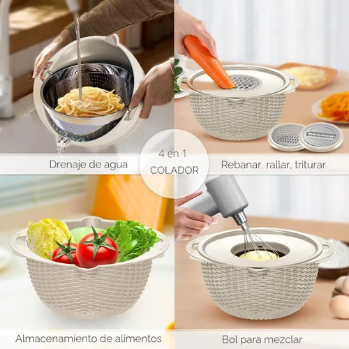 Vista 2 de Juego de Colador 4 en 1 con Conjunto de Tazones - Tazón Colador Giratorio con Cucharas Medidoras - Tazón Colador de Frutas, Coladores de Alimentos