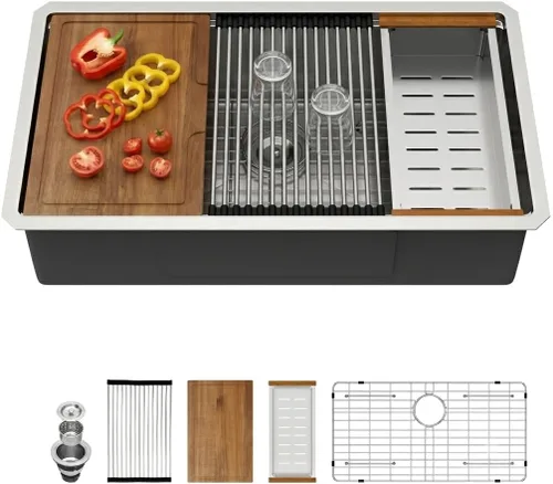 Vista 9 de Fregadero de 28x19x9 Inch Single Bowl Integrated Ledge Deep Bowl Handmade Under Counter Sink