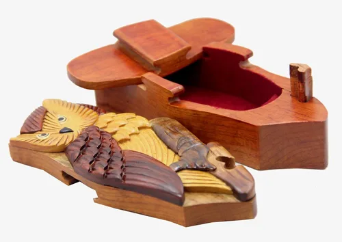 Vista 3 de Handmade Intarsia truco secreto de madera búho Art Puzzle Box