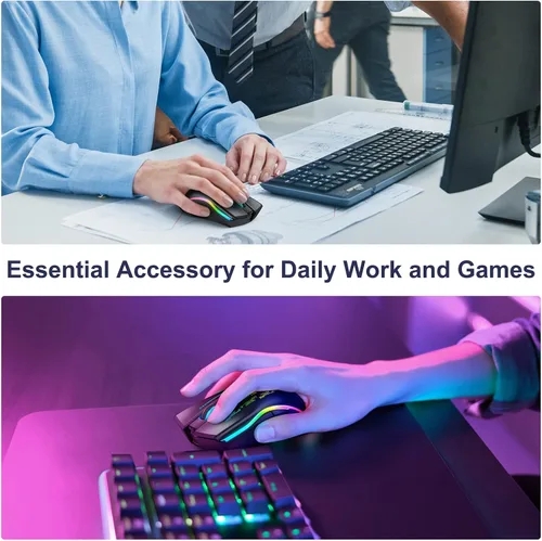 Vista 4 de TECURS Mouse para juegos, mouse inalámbrico para juegos con 9 botones, 5 niveles de DPI ajustables, recargable ergonómico Plug & Play RGB óptico