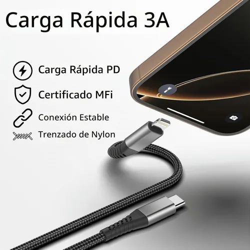 Vista 2 de Paquete de 3 cables USB C a Lightning de 1 pie, certificado MFi, cable Lightning PD PD de carga rápida, cable de carga USB C de nailon trenzado
