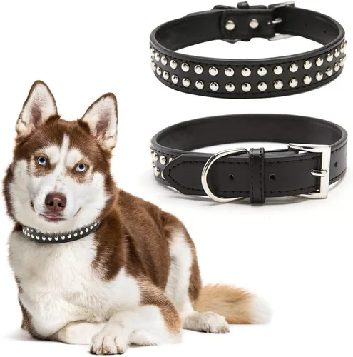 Vista 15 de BINGPET Collar de cuero para perro, cuello con tachuelas, cuello ajustable