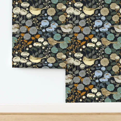 Vista 4 de Papel tapiz para despegar y pegar, diseño de pájaros negros con diseño de jardín de invierno, diseño de pájaros negros y oscuro, papel tapiz