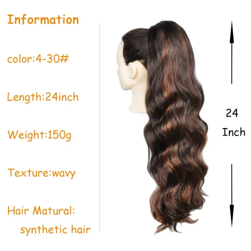 Vista 2 de KETHBE Extensión de cola de caballo de 24 pulgadas de longitud, onda corporal, con clip, extensiones de cabello ondulado sintético para mujer (4-30#)