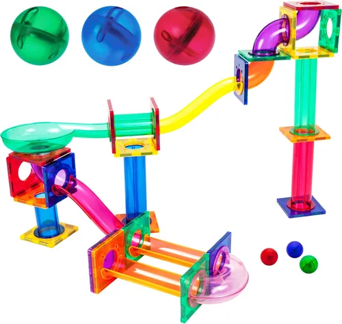 Vista 2 de PicassoTiles 50 piezas de pista de carreras de canicas + 4 bolas translúcidas con luces LED que brillan en la oscuridad: juego educativo STEAM