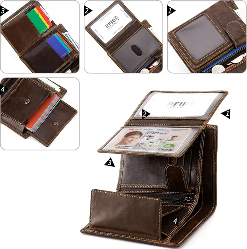 Vista 3 de HAWEE Cartera triple de cuero de vacuno con bloqueo RFID para hombres 10 ranuras para tarjetas 2 ventanas de identificación con bolsillo
