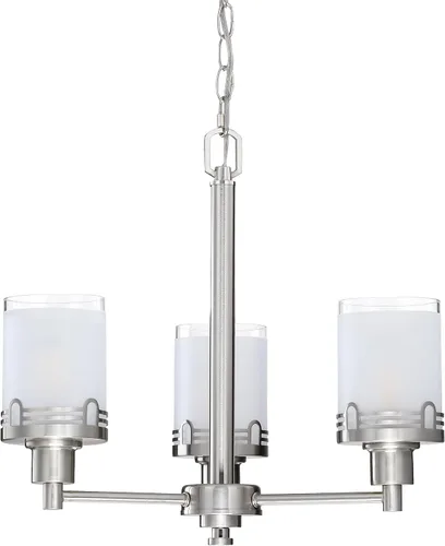 Vista 21 de 3 luces de vidrio industrial moderno con acabado de níquel cepillado. Accesorio de iluminación y decoración de jaula de alambre de metal para sala