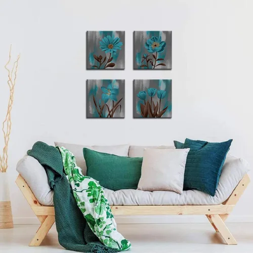 Vista 2 de Biuteawal Pintura artística de pared de flores color verde azulado, azul turquesa, impresión floral sobre lienzo, 4 paneles, naturaleza muerta, obra