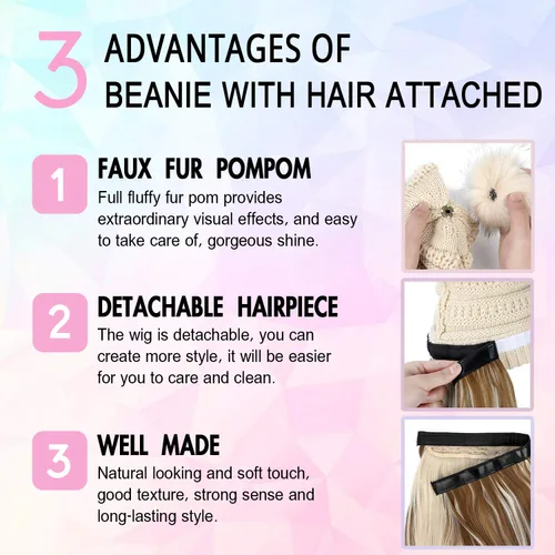 Vista 2 de AynnQueen - Gorro de invierno con extensiones de cabello desmontables para mujer.