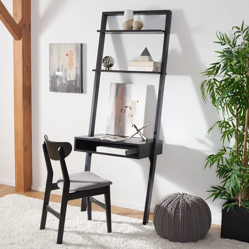 Vista 2 de SAFAVIEH Kamy DSK9401D - Escritorio de madera para computadora con 2 Escritorio para computadora, metal caoba, 2 estantes, 28 pulgadas en total Negro