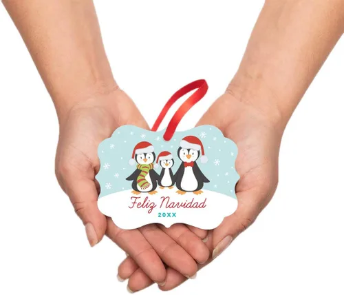 Vista 3 de Andaz Press Adorno de recuerdo de Navidad con marco de fantasía para la familia española, metal, feliz Navidad 2025, familia de pingüinos de Merry