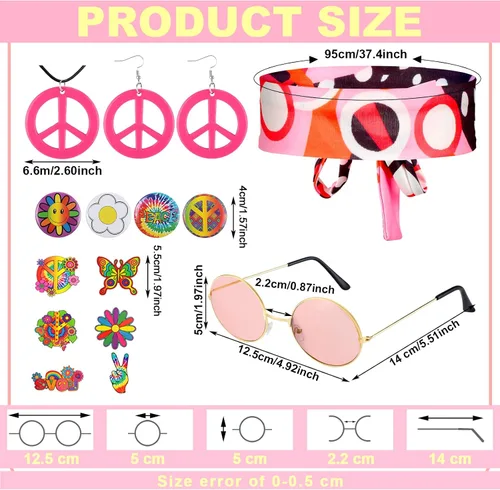 Vista 2 de Jiuguva Conjunto de 17 piezas de disfraz hippie de los años 60 y 70 para mujer, vestido de discoteca, pantalones bohemios, acampanados, camisa