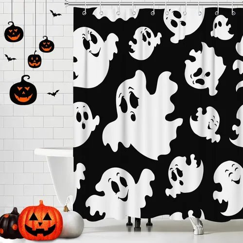Vista 5 de Bonita cortina de ducha de Halloween, fantasmas divertidos y espeluznantes, juego de cortina de ducha de poliéster blanco y negro con 12 ganchos