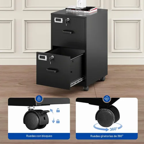Vista 5 de BYNSOE - Archivador de 2 cajones con cerradura, archivador vertical de metal con ruedas, archivador móvil para oficina, hogar