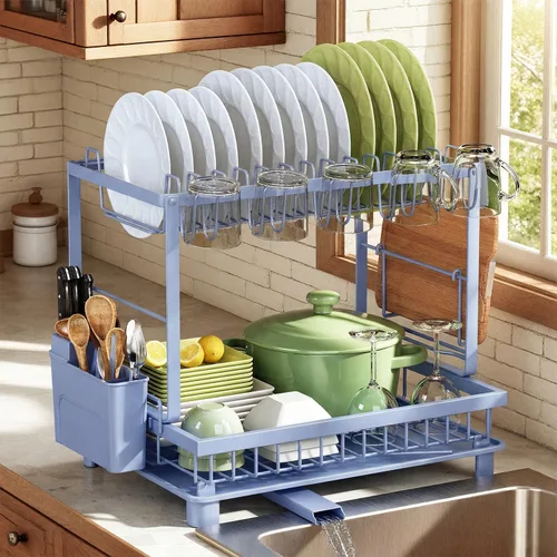 Vista 11 de Escurridor de platos, escurridor de 2 niveles que ahorra espacio, escurridor de platos multifuncional para encimera de cocina con bandeja