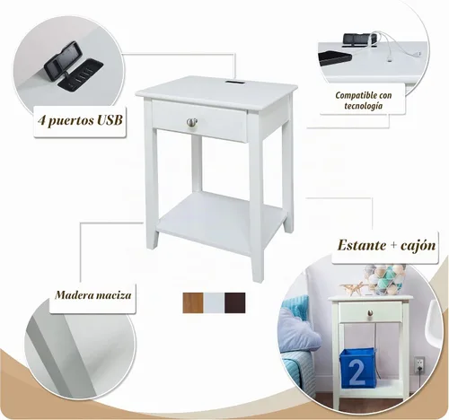 Vista 5 de Casual Home Owl - Mesa de noche blanca con puerto USB