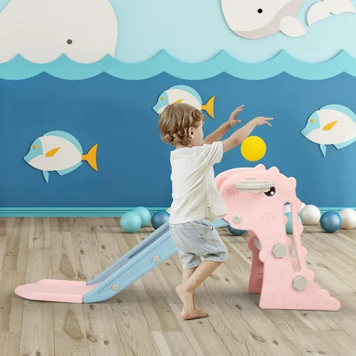 Vista 6 de Nyeekoy 3 en 1 Tobogán para niños pequeños, juego de escalada y deslizamiento con aro de baloncesto, patio de juegos para interiores y exteriores