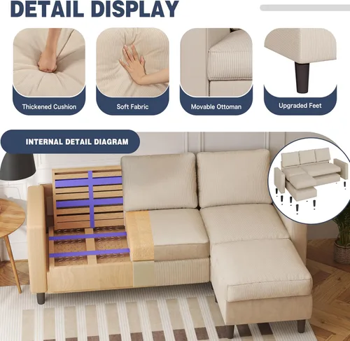 Vista 3 de Shintenchi Sofá modular en forma de L, sofás modulares convertibles con otomana móvil, sofá tapizado de pana de 3 asientos, sofás pequeños para sala