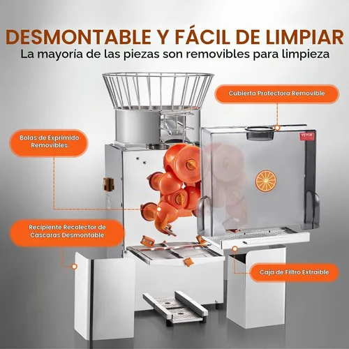 Vista 5 de VEVOR Máquina Exprimidora de Naranja Comercial, Extractor de Jugo de Alimentación Automática de 120W, Extractor de Jugo de Acero Inoxidable para 25
