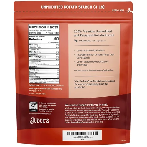 Vista 2 de Judee's - Almidón de patata sin modificar de 4 libras, solo un ingrediente, ideal para empanar, engrosar, cocinar y hornear, 100% sin OMG, sin