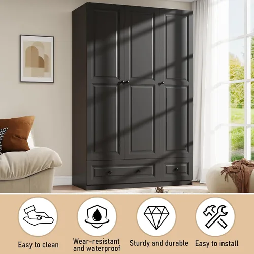 Vista 4 de Armario Armario con cajones: Armario de madera alto negro de 74 pulgadas para colgar ropa, Armarios grandes para dormitorio con 2 cajones, armario
