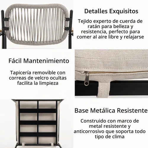 Vista 8 de Juego de 2 sillas de comedor para exteriores, sillas de comedor de mimbre para patio con cojines extraíbles, silla de mesa rectangular para patio