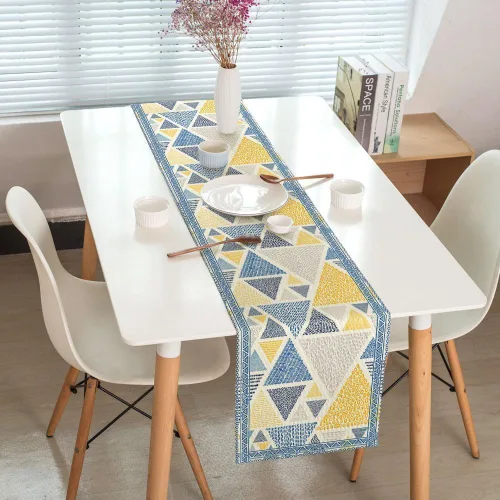 Vista 2 de Camino de mesa amarillo y azul, caminos de mesa de arte geométrico abstracto para comedor, cocina, sala de estar, vacaciones y decoración de mesa